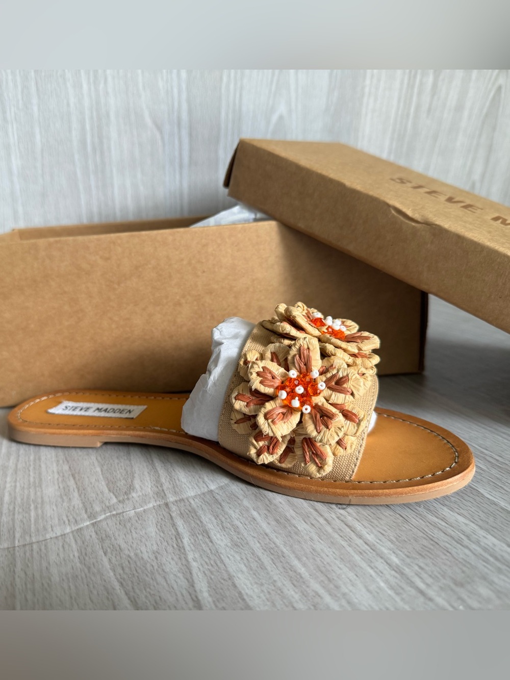 Steve Madden Beige Floral Beaded Slide Sandal - Picture 2 of 4